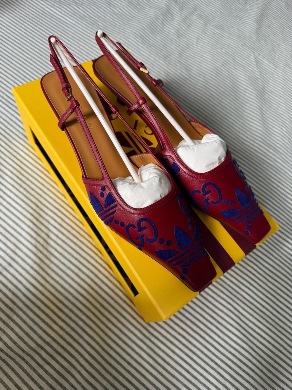 Gucci x Adidas Red Leather Slingback Kitten Heels with Blue Logo